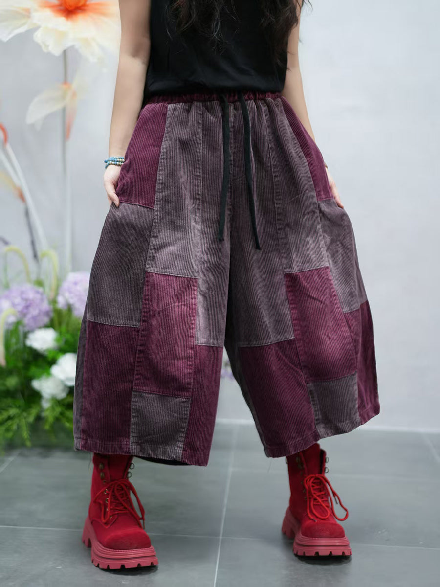 Women Autumn Retro Colorblock Corduroy Wide-leg Pants