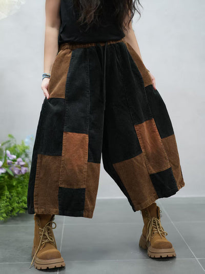 Women Autumn Retro Colorblock Corduroy Wide-leg Pants