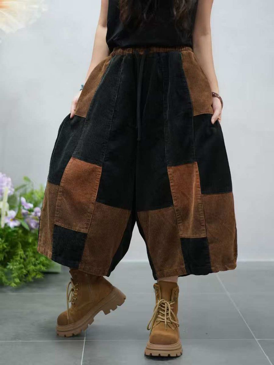 Women Autumn Retro Colorblock Corduroy Wide-leg Pants