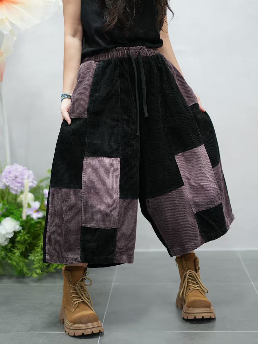 Women Autumn Retro Colorblock Corduroy Wide-leg Pants
