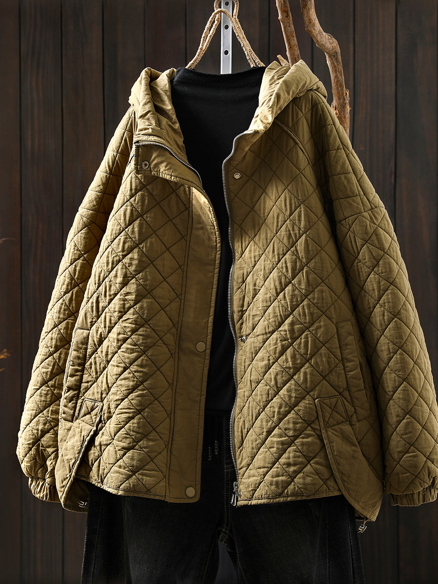 Women Autumn Vintage Pure Color Cotton Hooded Jacket