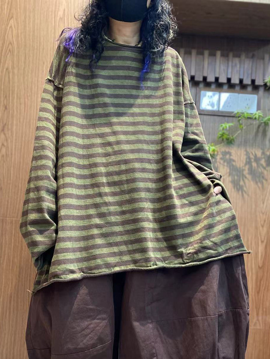 Women Autumn Vintage Stripe 100%Cotton O-Neck Blouse