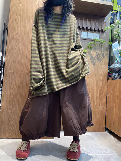 Women Autumn Vintage Stripe 100%Cotton O-Neck Blouse