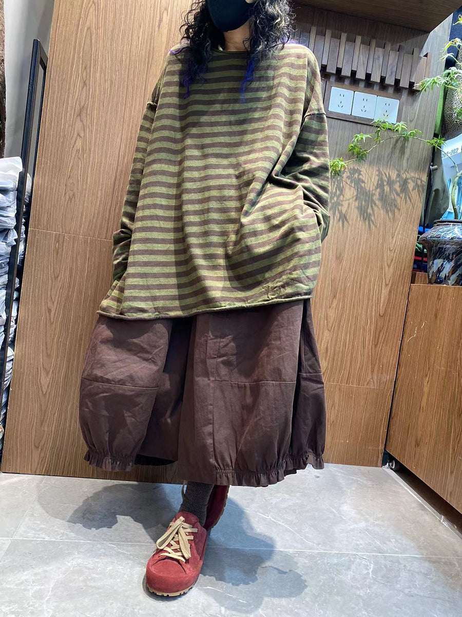 Women Autumn Vintage Stripe 100%Cotton O-Neck Blouse