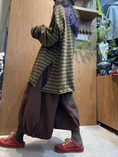 Women Autumn Vintage Stripe 100%Cotton O-Neck Blouse