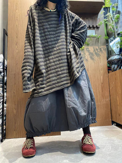 Women Autumn Vintage Stripe 100%Cotton O-Neck Blouse