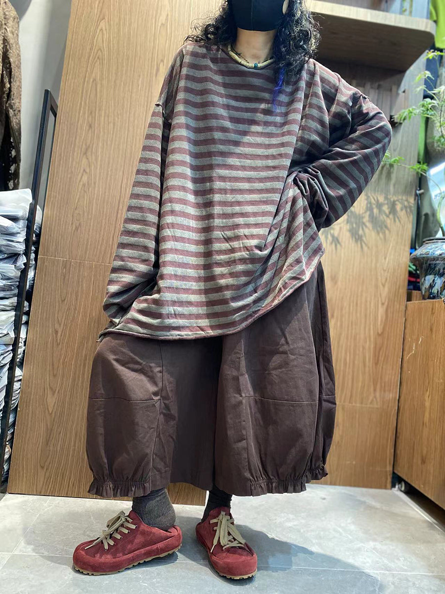 Women Autumn Vintage Stripe 100%Cotton O-Neck Blouse