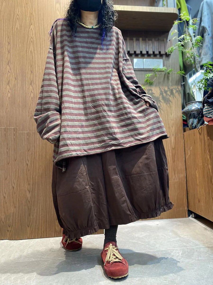 Women Autumn Vintage Stripe 100%Cotton O-Neck Blouse