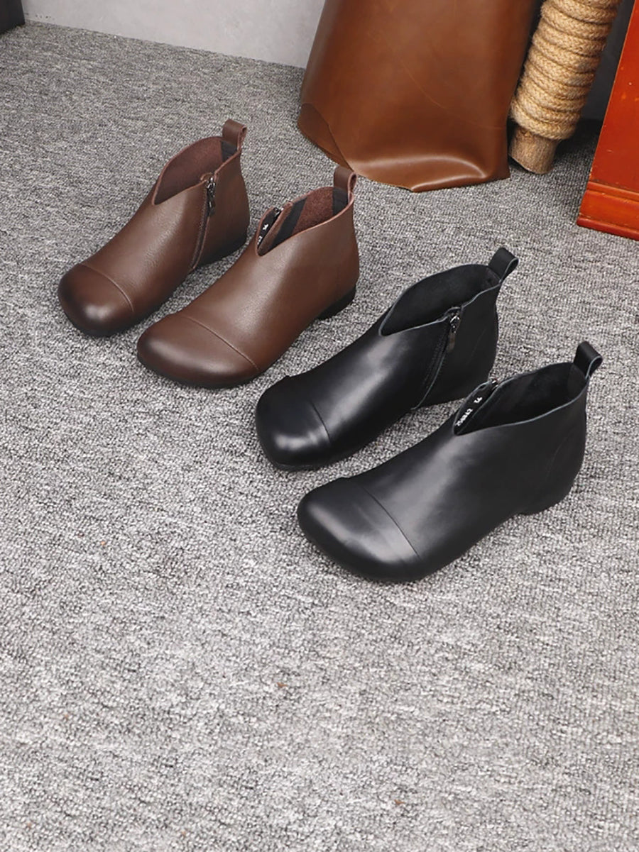 Women Vintage Soft Leather Low Heel Ankle Boots