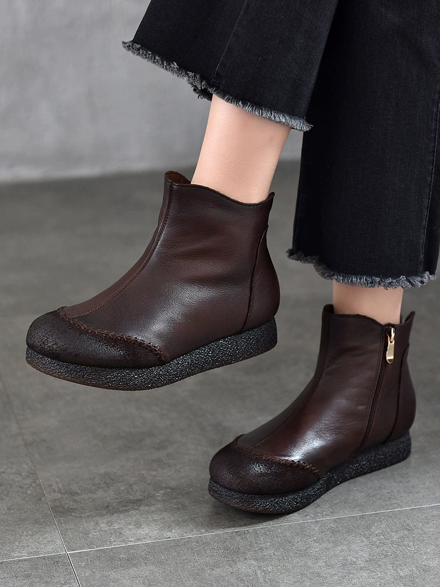 Women Genuine Leather Spliced Fleece-lined Flat Ankle Boots