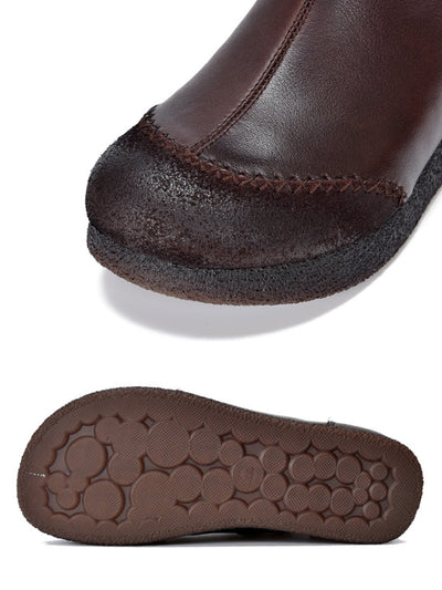 Women Genuine Leather Spliced Fleece-lined Flat Ankle Boots