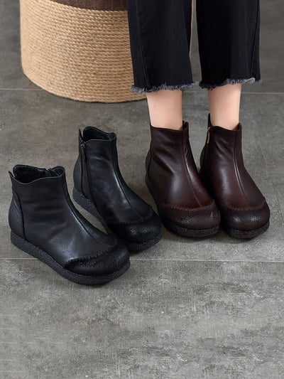 Women Genuine Leather Spliced Fleece-lined Flat Ankle Boots