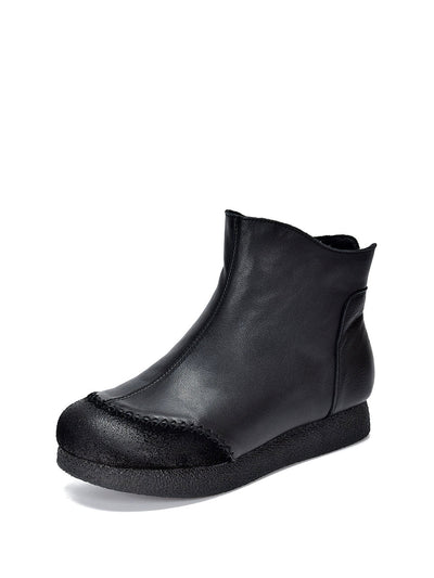 Women Genuine Leather Spliced Fleece-lined Flat Ankle Boots
