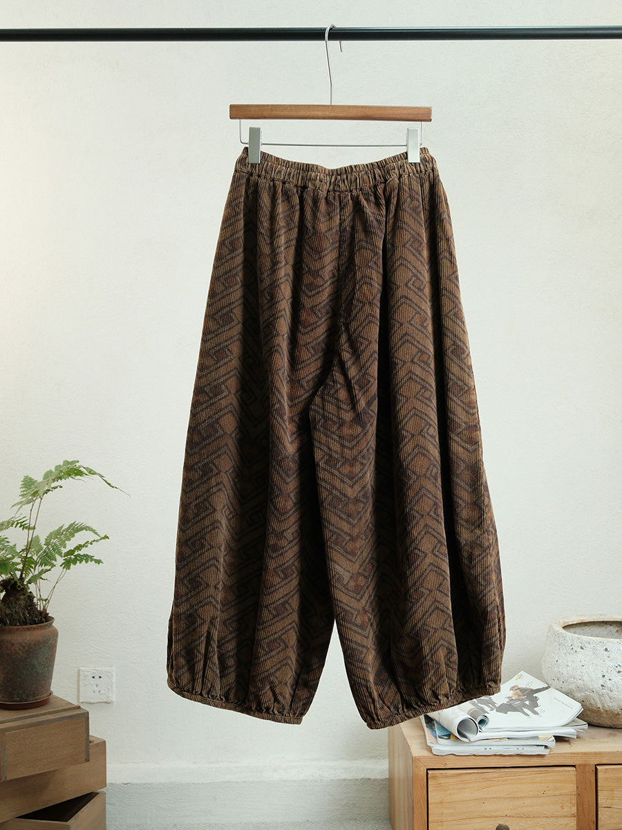 Women Autumn Retro Flower Corduroy Straight Pants