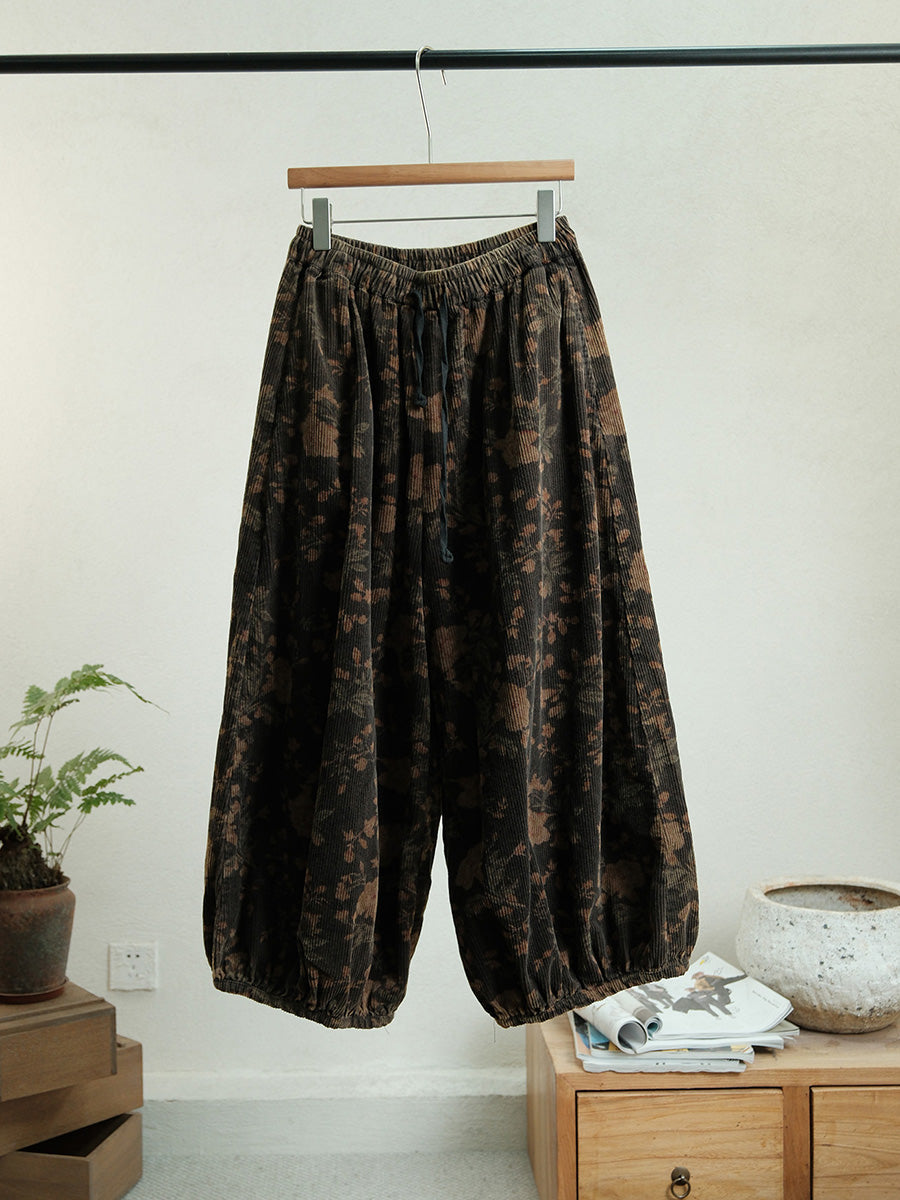 Women Autumn Retro Flower Corduroy Straight Pants