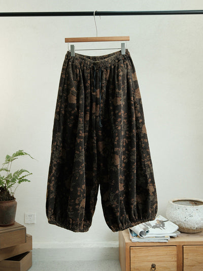 Women Autumn Retro Flower Corduroy Straight Pants