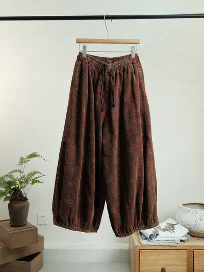 Women Autumn Retro Flower Corduroy Straight Pants