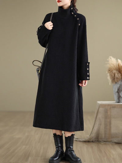 Women Winter Pure Color Fleece-lined Stand Collar Dress