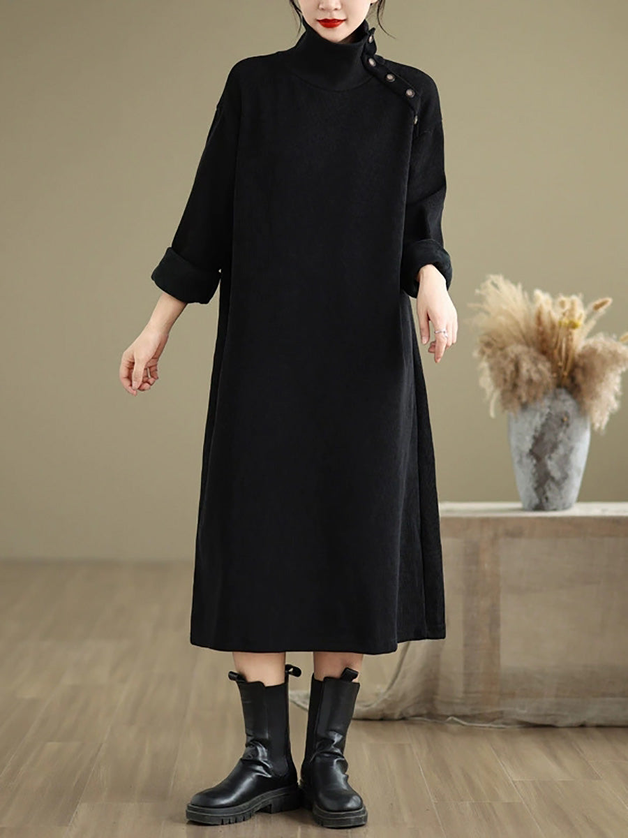 Women Winter Pure Color Fleece-lined Stand Collar Dress