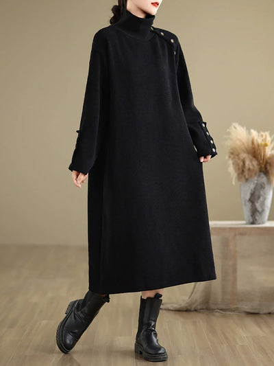 Women Winter Pure Color Fleece-lined Stand Collar Dress