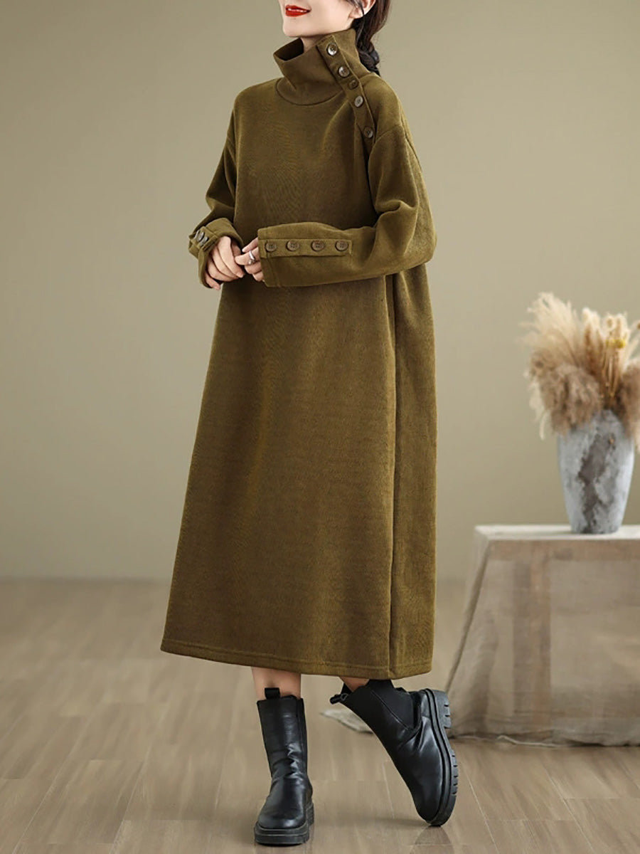 Women Winter Pure Color Fleece-lined Stand Collar Dress
