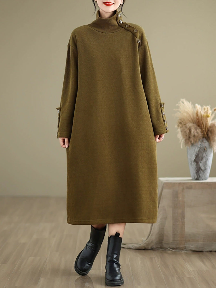 Women Winter Pure Color Fleece-lined Stand Collar Dress