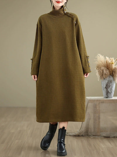 Women Winter Pure Color Fleece-lined Stand Collar Dress