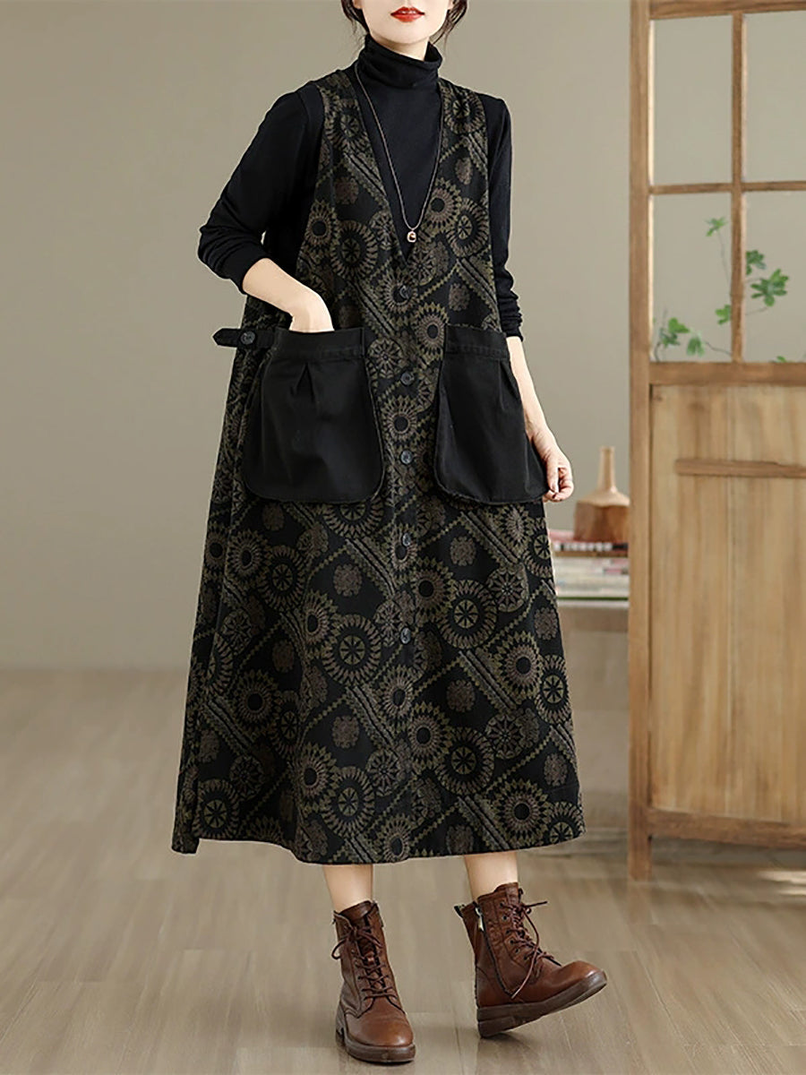 Women Autumn Retro Flower Spliced Denim V-Neck Vest Dress