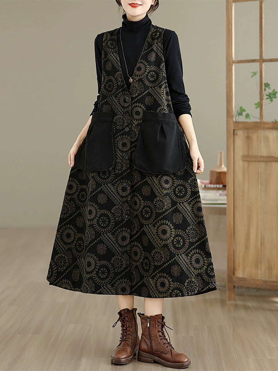 Women Autumn Retro Flower Spliced Denim V-Neck Vest Dress