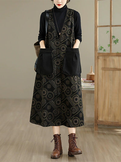 Women Autumn Retro Flower Spliced Denim V-Neck Vest Dress