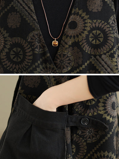 Women Autumn Retro Flower Spliced Denim V-Neck Vest Dress