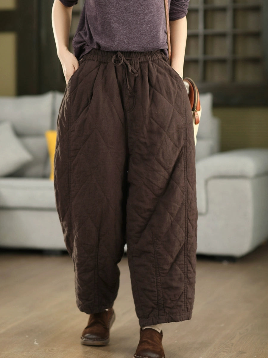 Women Autumn Pure Color 100%Linen Padded Harem Pants