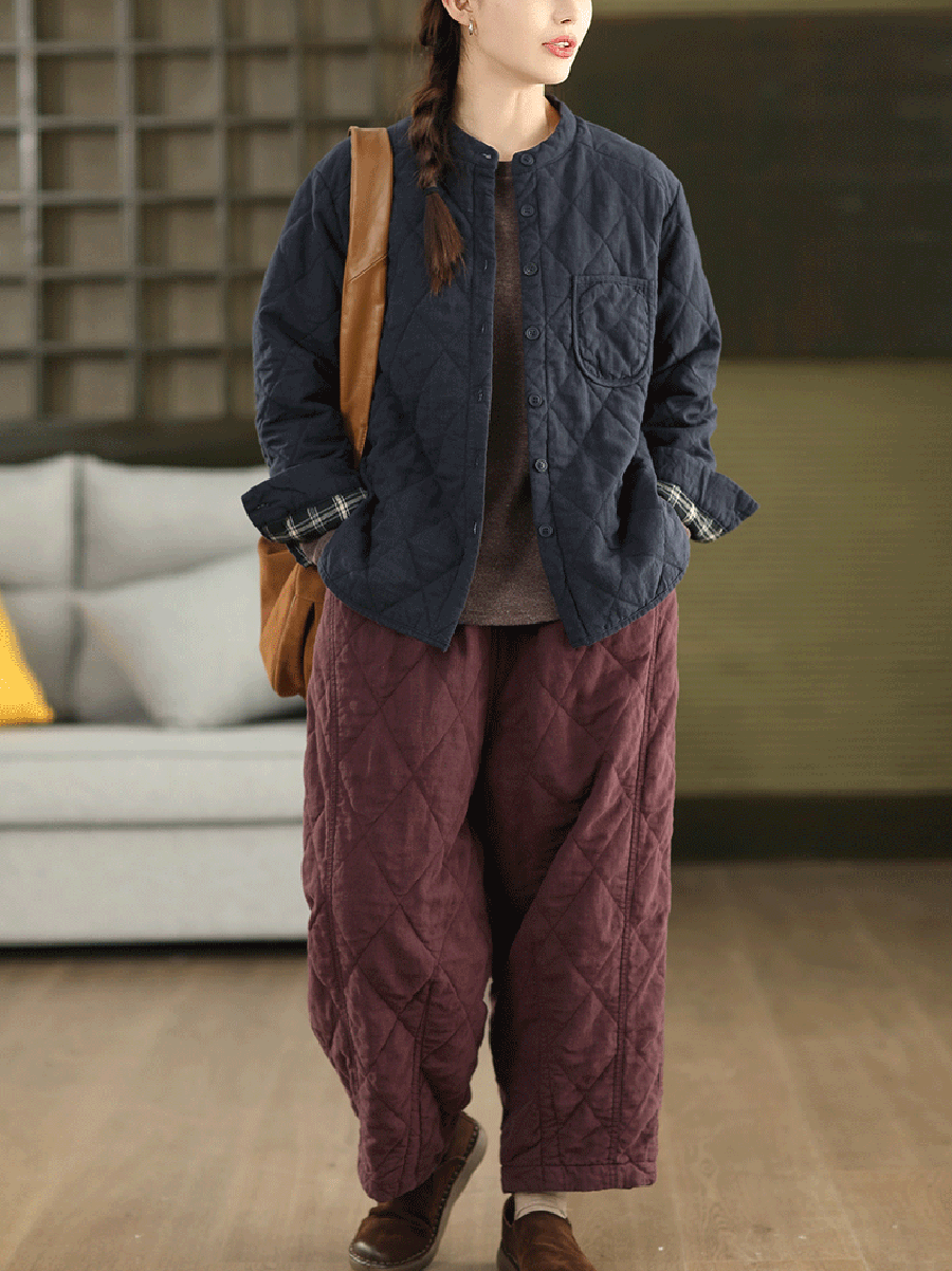 Women Autumn Pure Color 100%Linen Padded Harem Pants