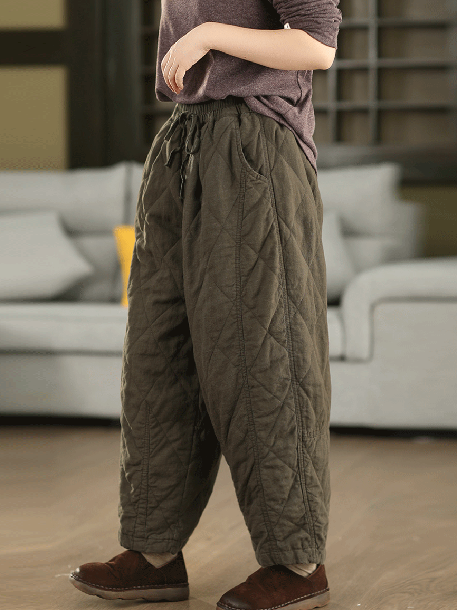 Women Autumn Pure Color 100%Linen Padded Harem Pants