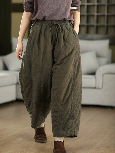 Women Autumn Pure Color 100%Linen Padded Harem Pants