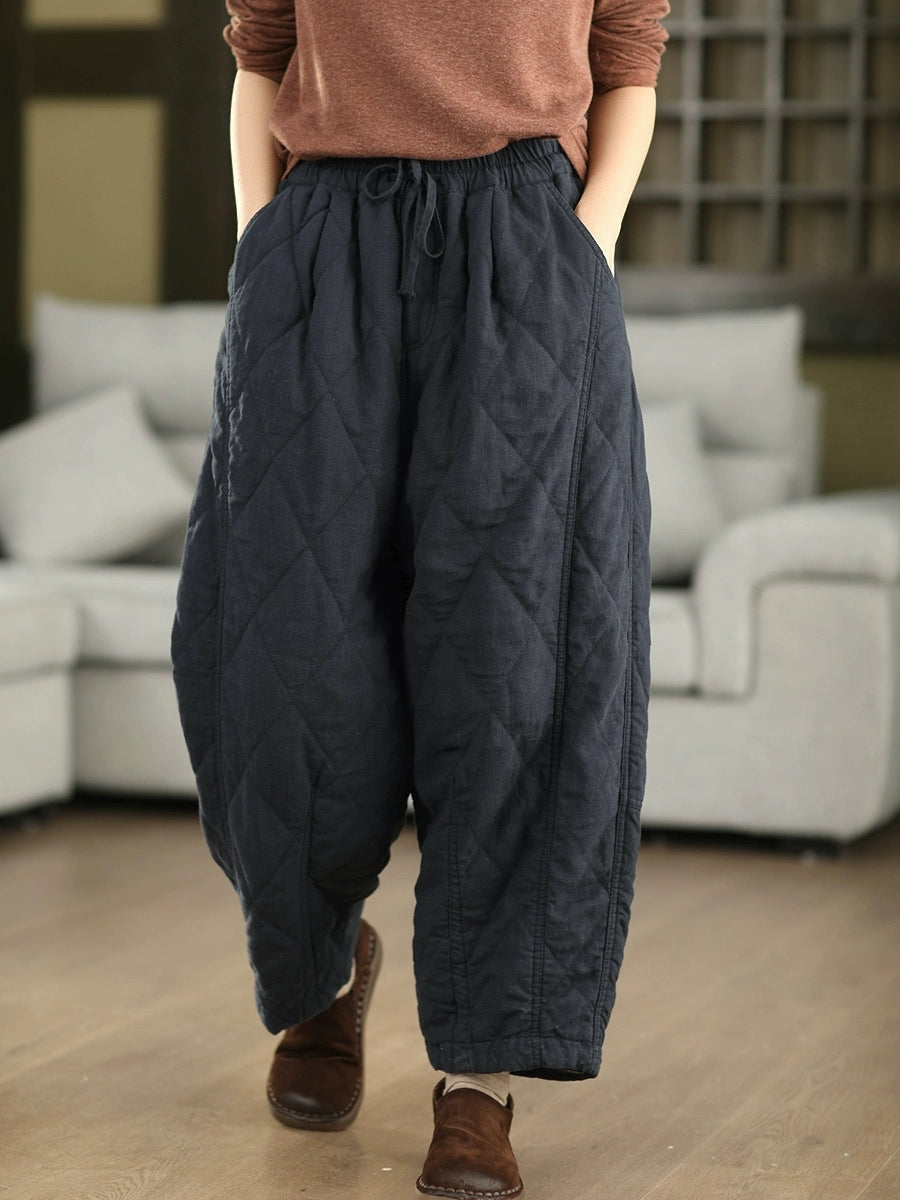 Women Autumn Pure Color 100%Linen Padded Harem Pants