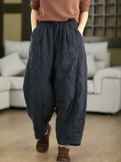 Women Autumn Pure Color 100%Linen Padded Harem Pants