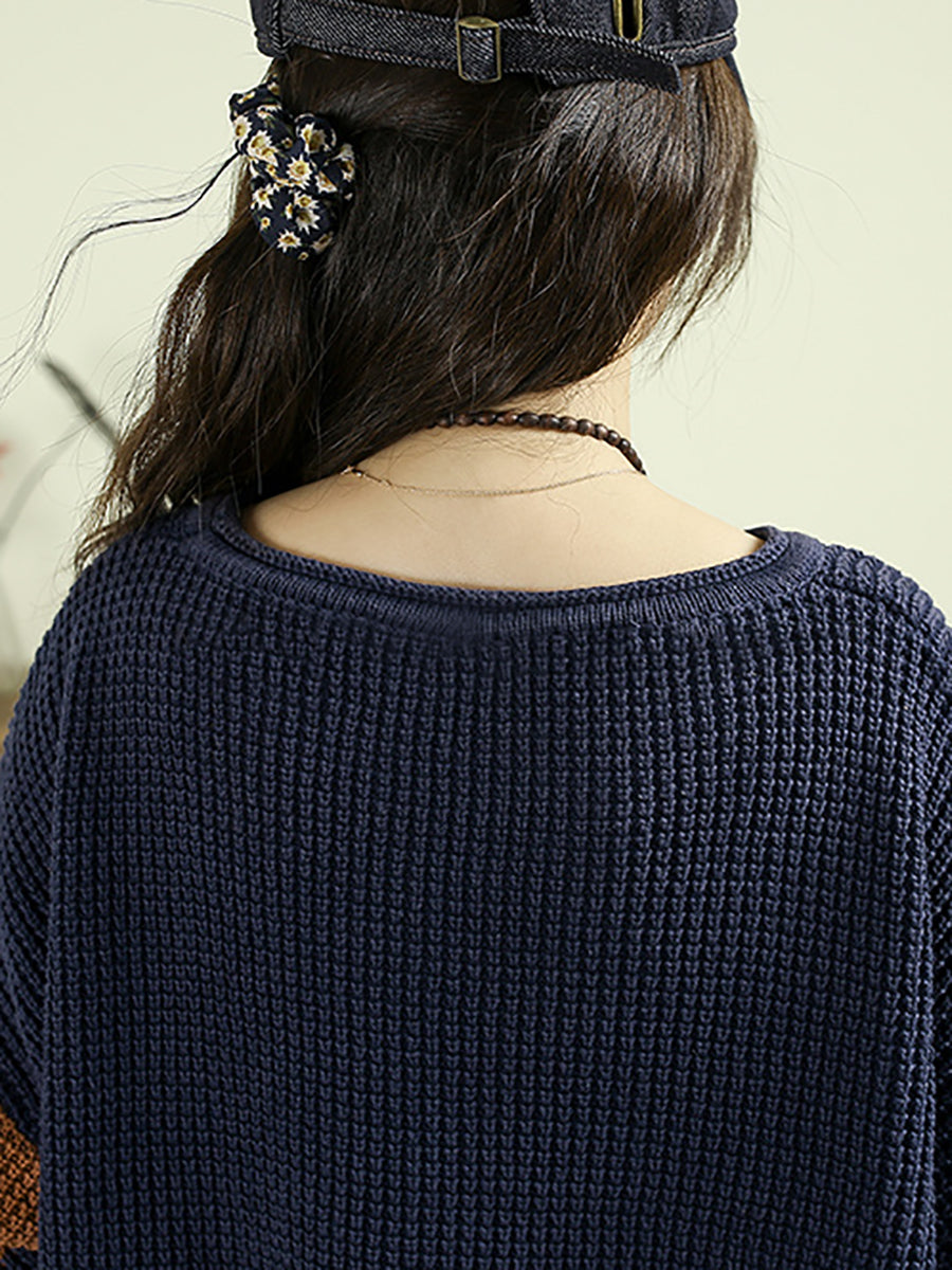 Women Autumn Colorblock Knitted 100%Cotton O-Neck Blouse