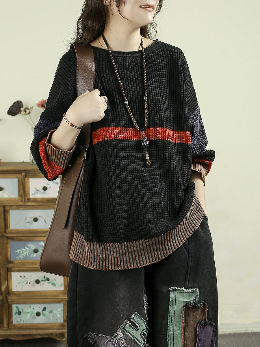 Women Autumn Colorblock Knitted 100%Cotton O-Neck Blouse