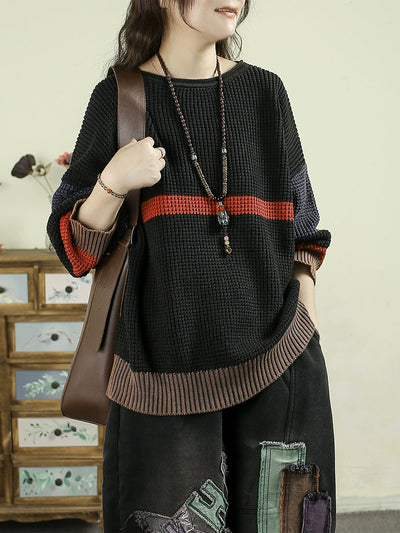 Women Autumn Colorblock Knitted 100%Cotton O-Neck Blouse