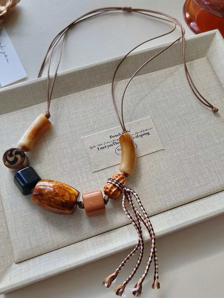 Women Ethnic Resin Stone Weave Necklace