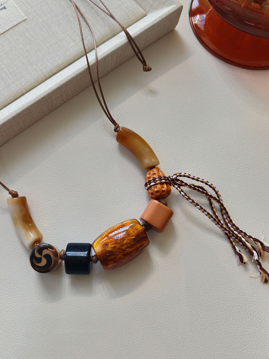 Women Ethnic Resin Stone Weave Necklace