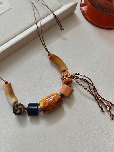 Women Ethnic Resin Stone Weave Necklace