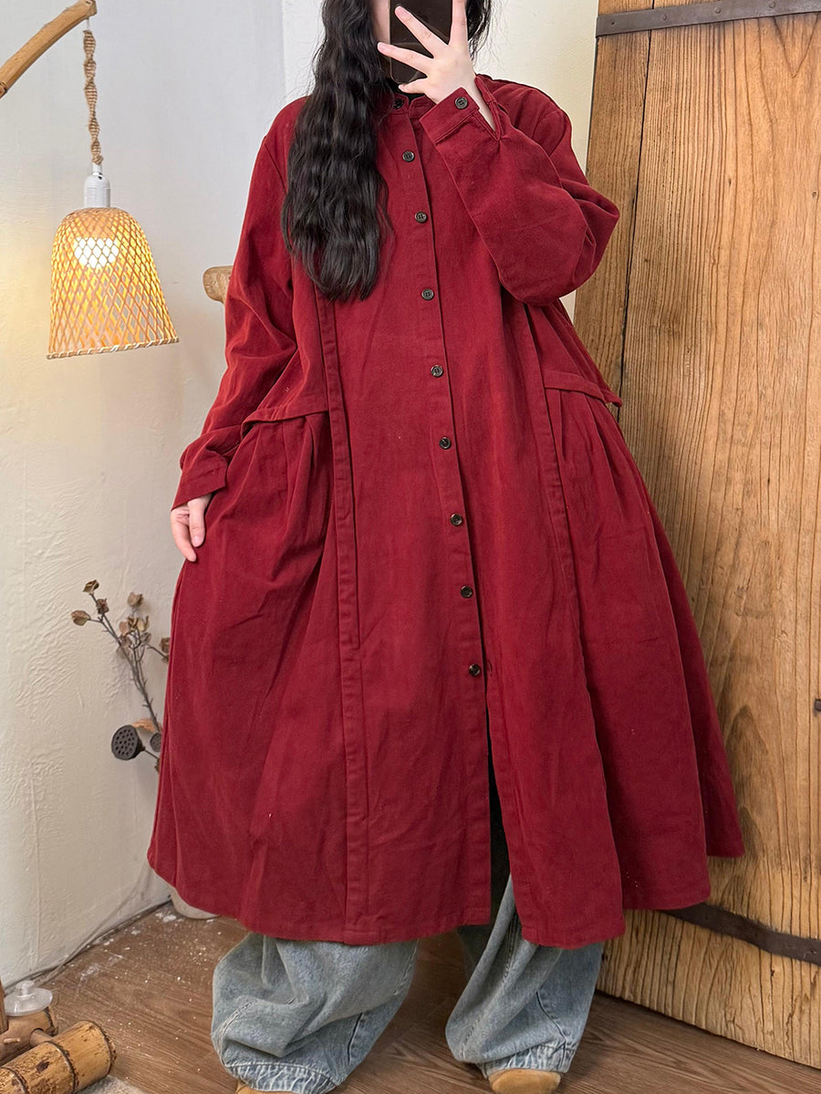 Women Autumn Casual Pure Color Cotton Trench Coat