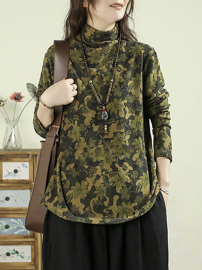 Women Autumn Artsy Flower Half-Turtleneck Blouse