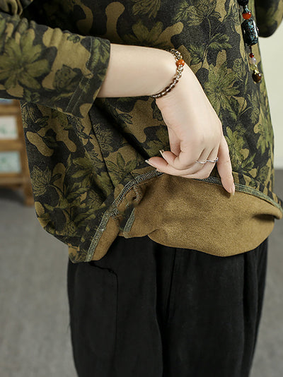 Women Autumn Artsy Flower Half-Turtleneck Blouse