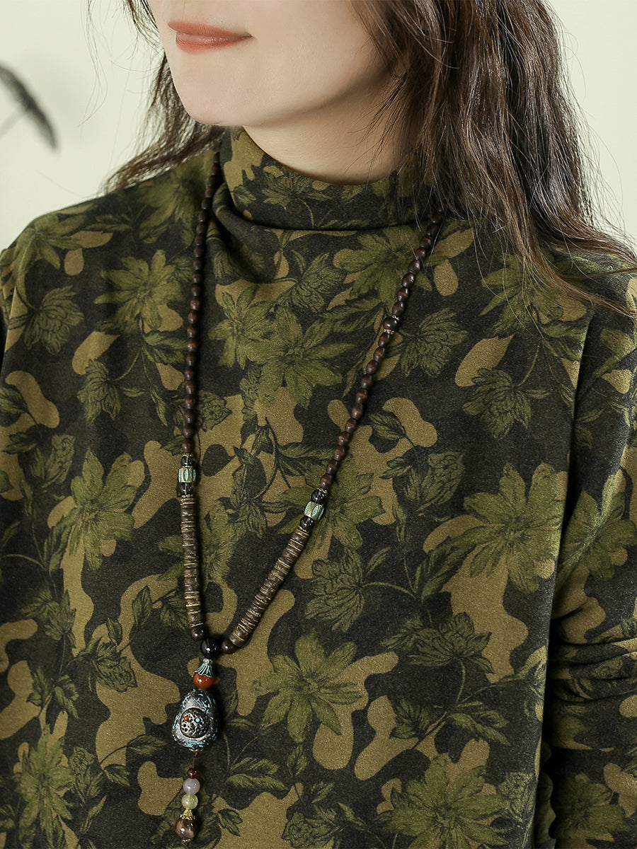 Women Autumn Artsy Flower Half-Turtleneck Blouse