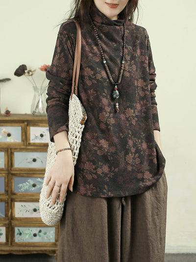 Women Autumn Artsy Flower Half-Turtleneck Blouse