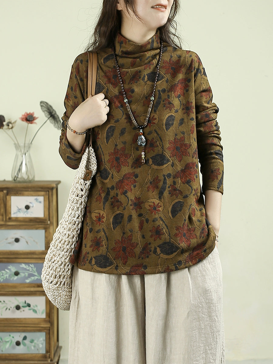 Women Autumn Artsy Flower Half-Turtleneck Blouse