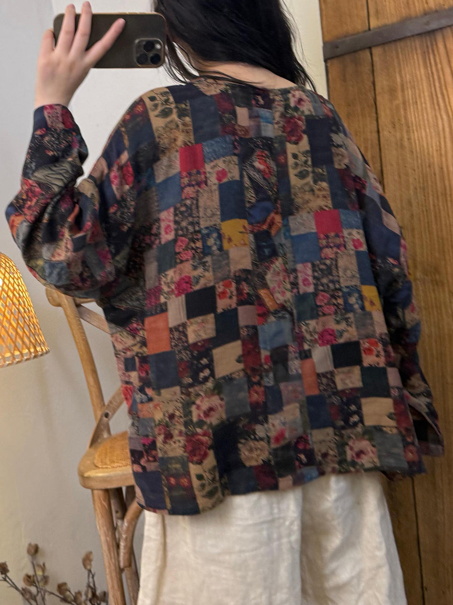 Women Autumn Artsy Patchwork Linen O-Neck Shirt